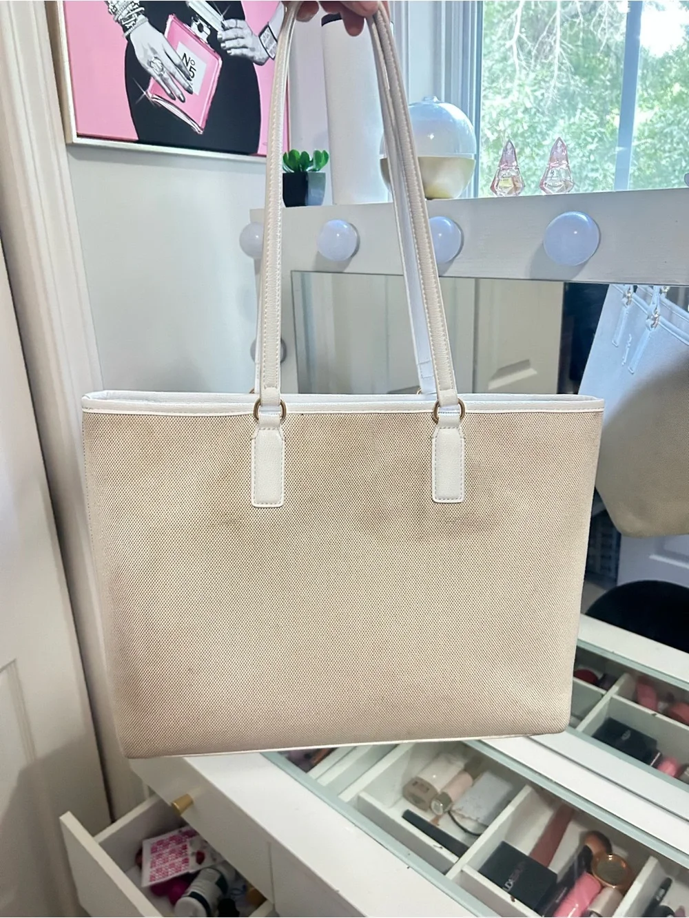 Light Beige Canvas Tote Bag with Black Interior